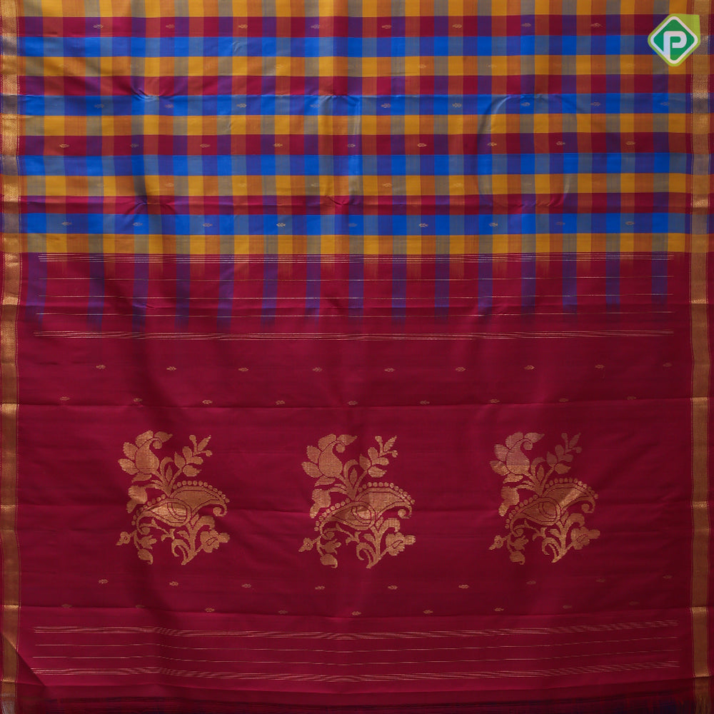 Multi color checks mid gold zari fancy butta self gold zari edge border traditional silk saree