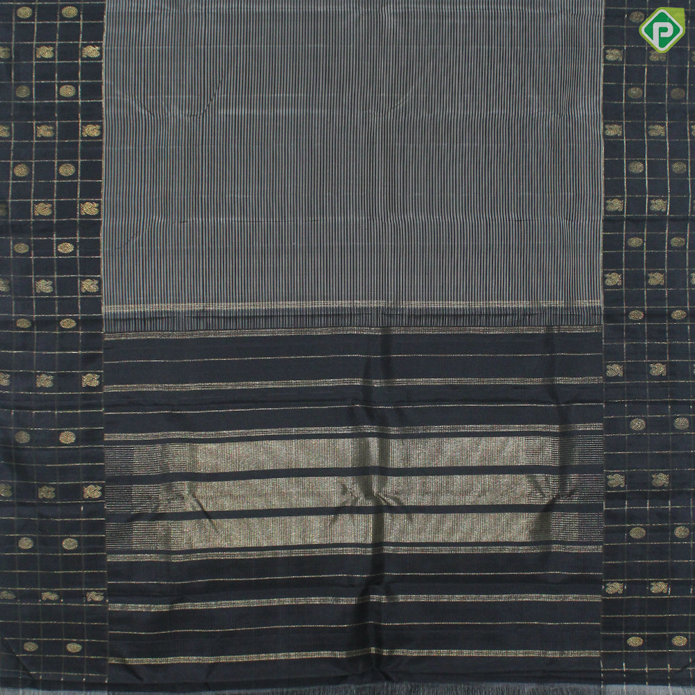 Gray And Block Color Lines Gold Zari With Block Color Peacock Chakaram Design Traditional Silk Saree