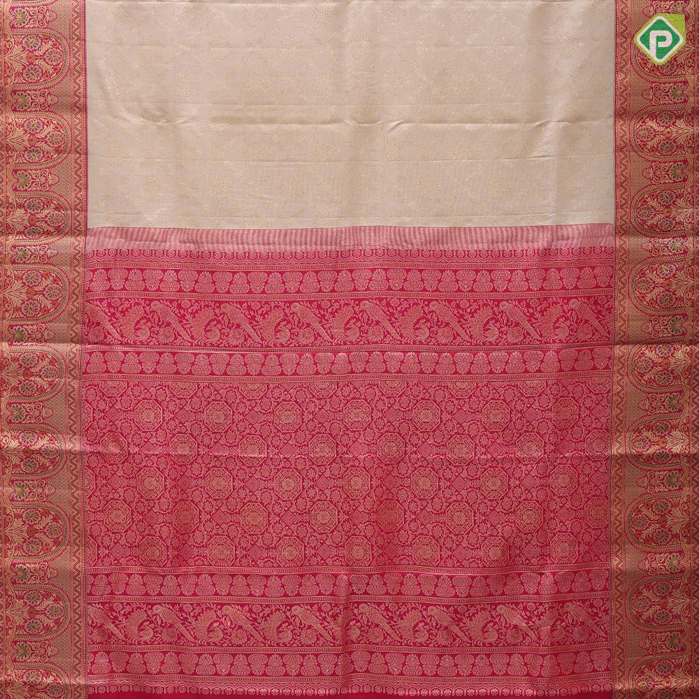 Half white silver gold zari grand floral design rani pink silver gold zari meena work arch design border grand bridal silk saree