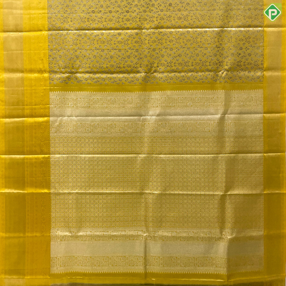 Lemon Yellow Silver And Neem Zari Creeper Design Self Colour Bavanji Rangoli Border Grand Tissue Silk Saree
