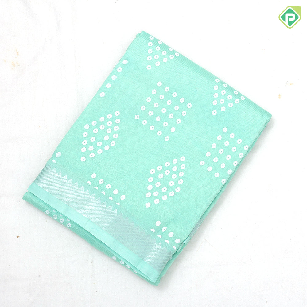 Light color base white dots grouped shapes design self silver zari border fancy chiffon sarees