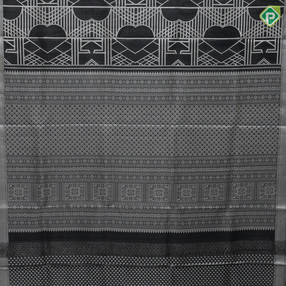 Black Colour silver Zari Brocade Design Self Colour Bavanji Border Design Luxury Black Silk Saree