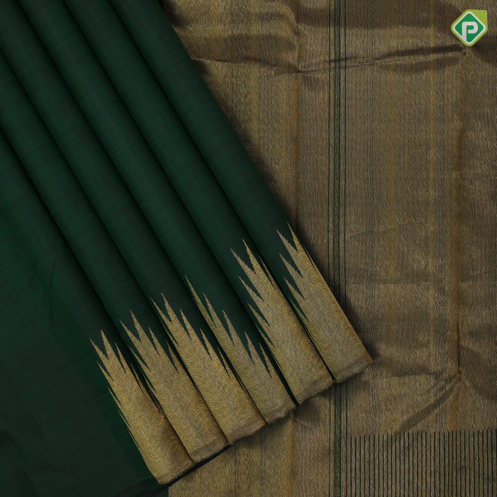 Bottle green full body plain self gold zari temple rack border traditional silk saree