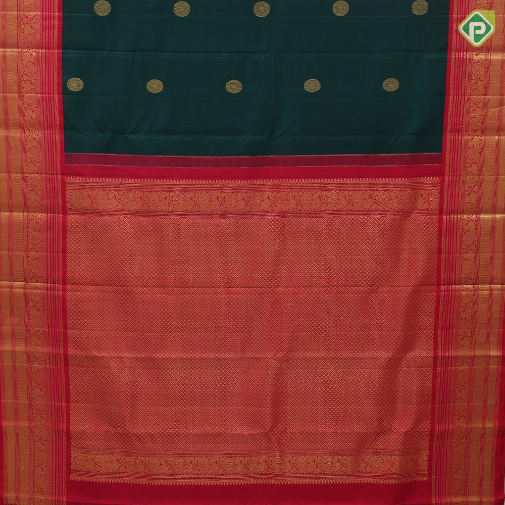 Dark green gold zari chakkaram butta design rani red gold zari annam butta line border traditional retro silk saree