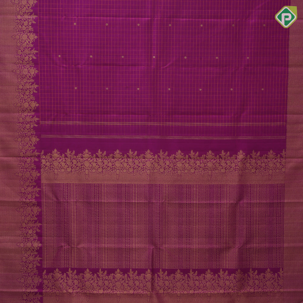 Purple base silk thread checks mid flower butta self gold zari fancy floral design border trendy designer silk saree