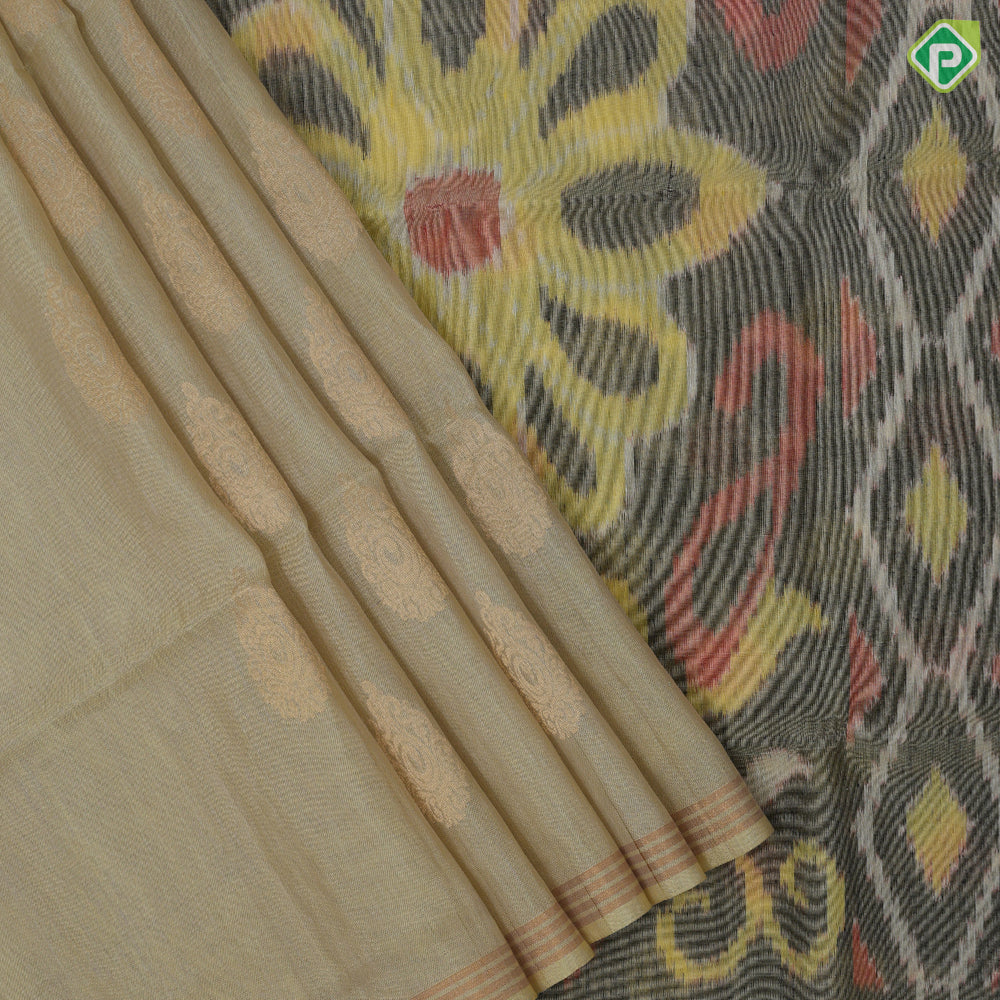 Banana yellow gold zari fancy floral round design self gold zari border ikkat style pallu linen soft silk saree