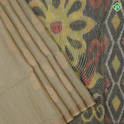 Banana yellow gold zari fancy floral round design self gold zari border ikkat style pallu linen soft silk saree