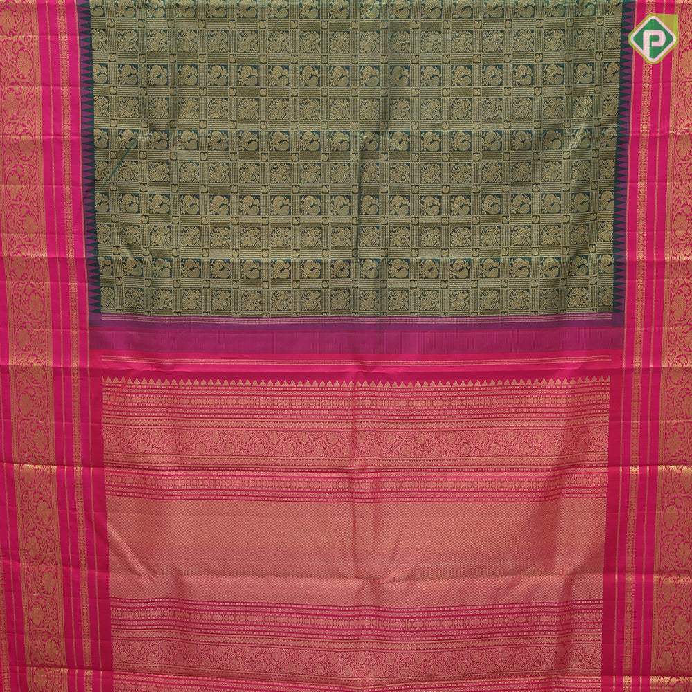 Forest green gold zari flying horse and annam butta checks Pink gold zari rangoli design temple border traditional silk saree