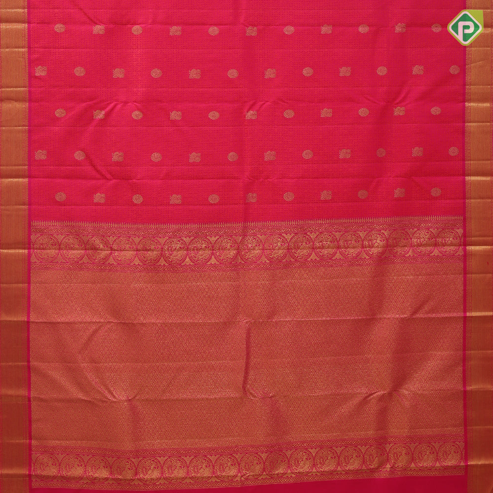 Pinkish red dual tone thread work and gold zari butta self gold zari mayilkan edge border traditional silk saree