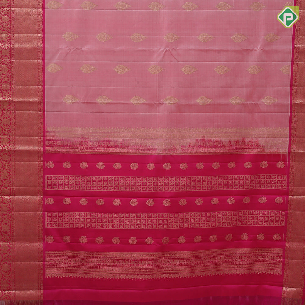 salmon  pink gold zari thilagam design dark pink lotus mayilkan border design traditional silk saree