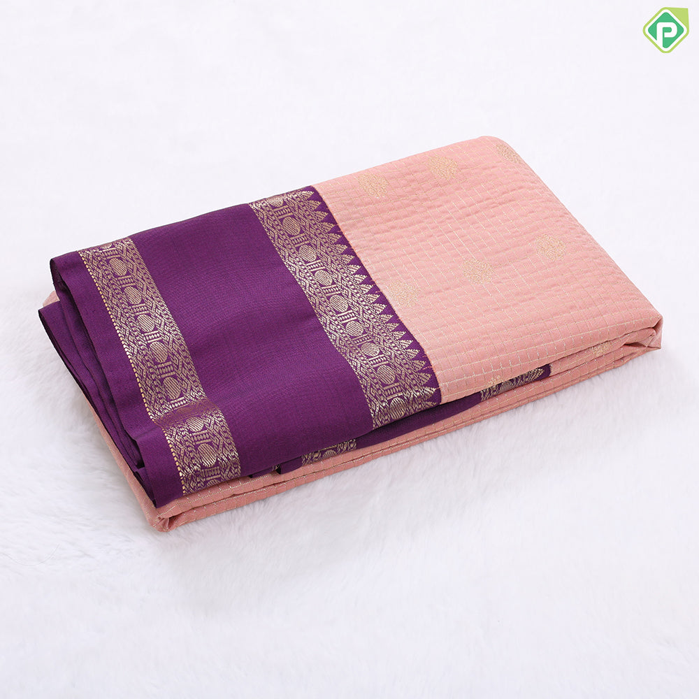 purple blue gold zari kattam and butta design contrast pink rettapet border art silk gift saree