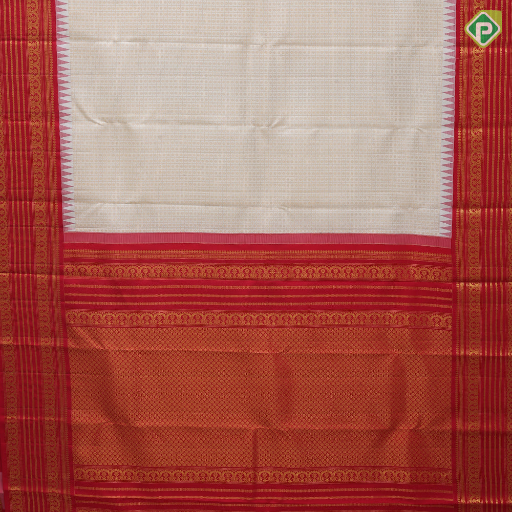 Half White gold zari kattam and thousand butta motifs contrast red gold zari lines temple border tradtional silk saree