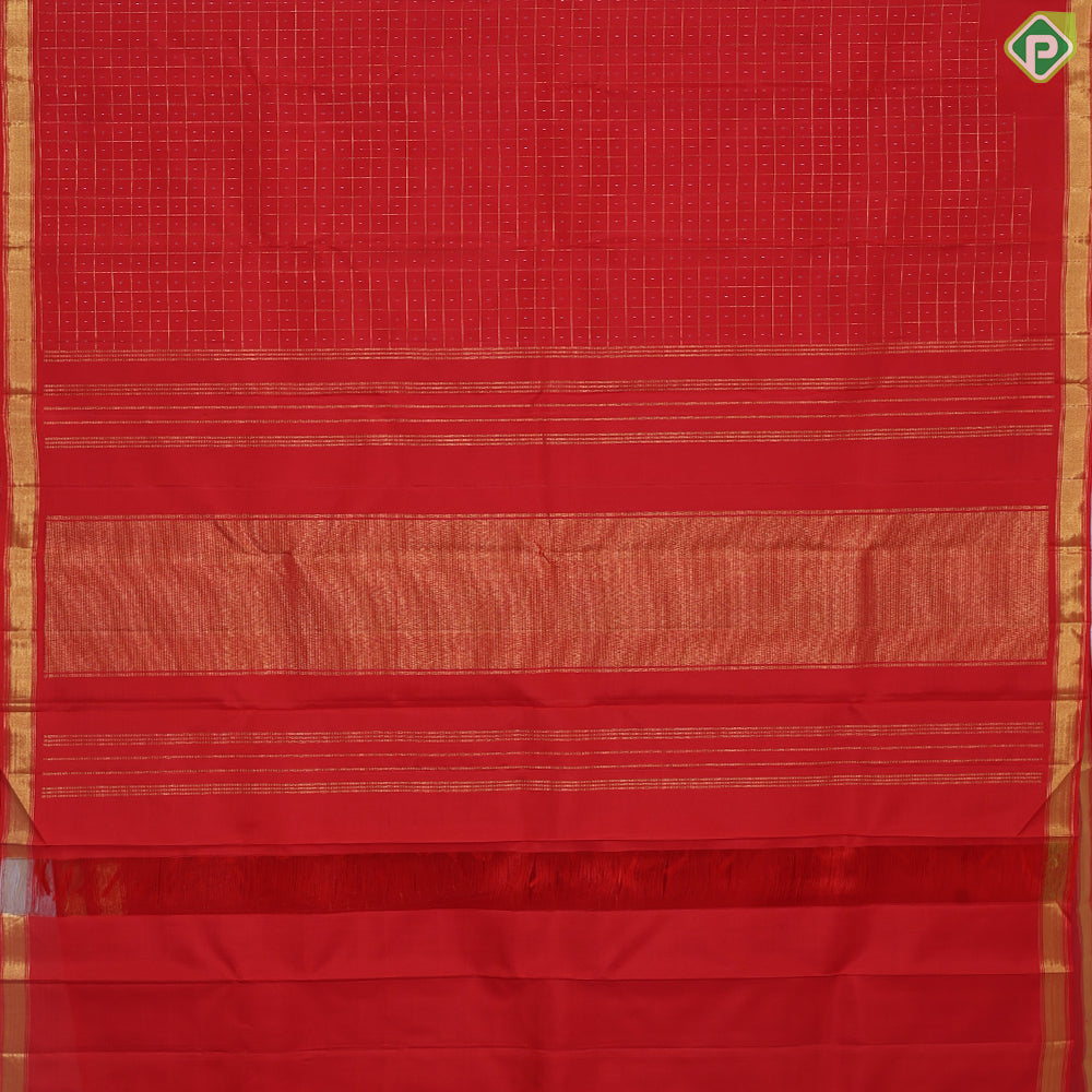 Brick red gold zari mid dotted Checkered design and self gold zari edge border traditional silk saree
