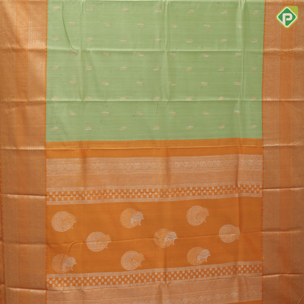 Cardamon green silver gold zari double cone butta mustard yellow silver gold zari rangoli border traditional silk saree