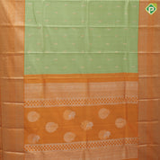 Cardamon green silver gold zari double cone butta mustard yellow silver gold zari rangoli border traditional silk saree
