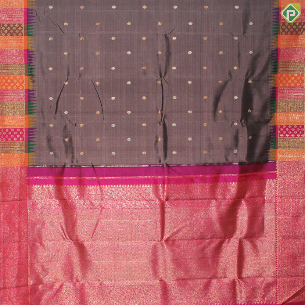 Chocolate Brown Gold Zari Small Motif With Multi color Border Traditional Silk Saree