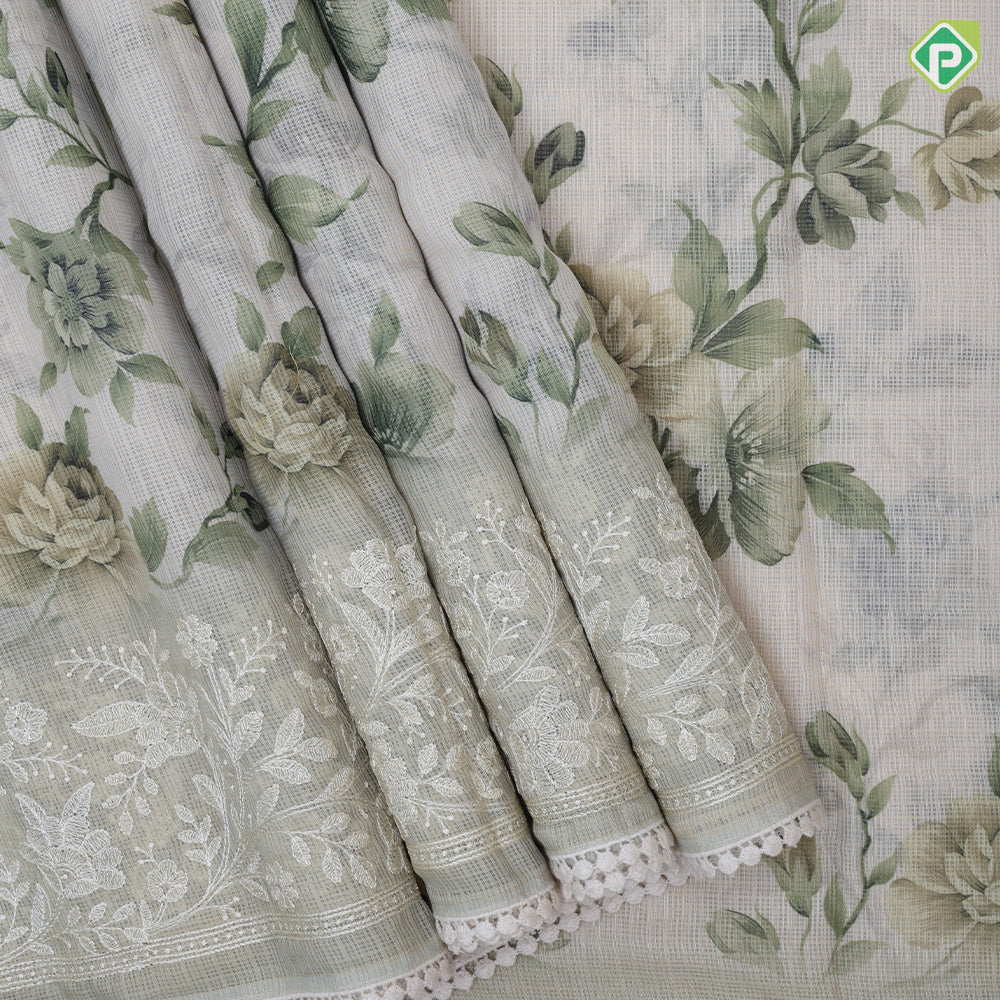 white base digital floral printed design embroidered cut work border fancy cotton saree