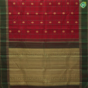 Chilly red silk thread padded gold zari stripe checks bottle green gold zari peacock border traditional silk saree