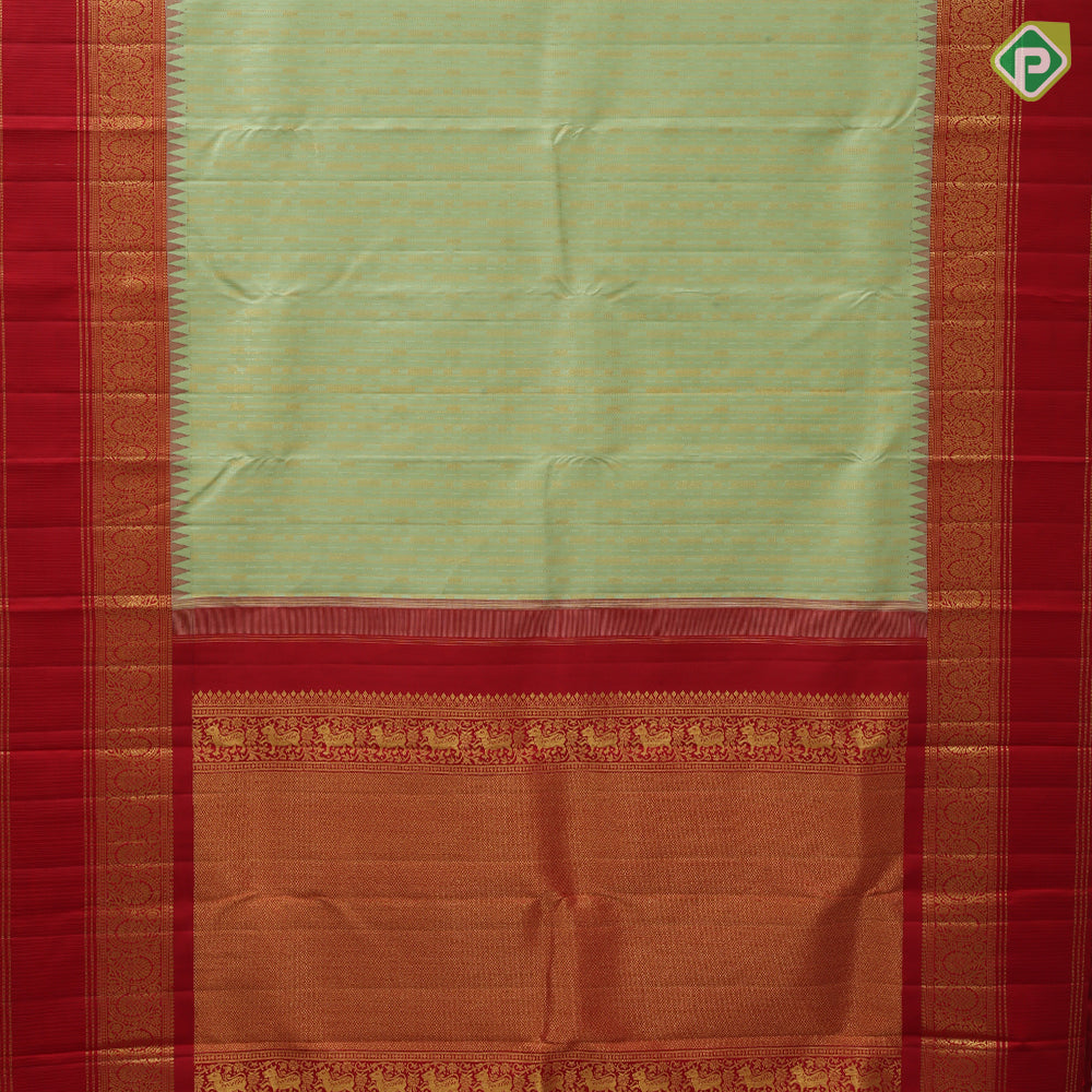 Pista Green Gold Zari Arrow Design Chilly Red Floral Border Design Traditional Silk Saree