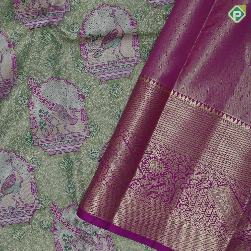 Mint green and thread work peacock in mandap design pink gold zari floral border tissue art silk saree