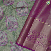 Mint green and thread work peacock in mandap design pink gold zari floral border tissue art silk saree
