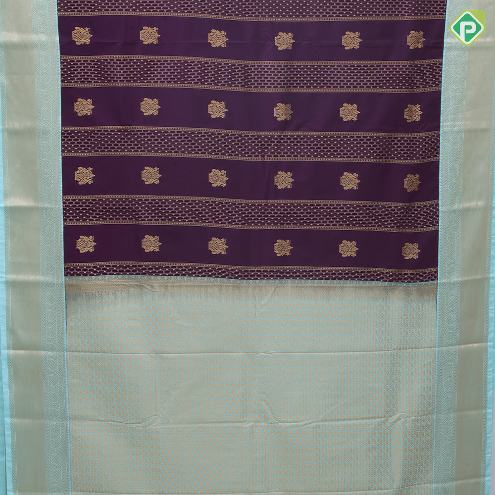 Violet gold zari peacock kalasam butta design turquoise gold zari bavanji border art silk saree