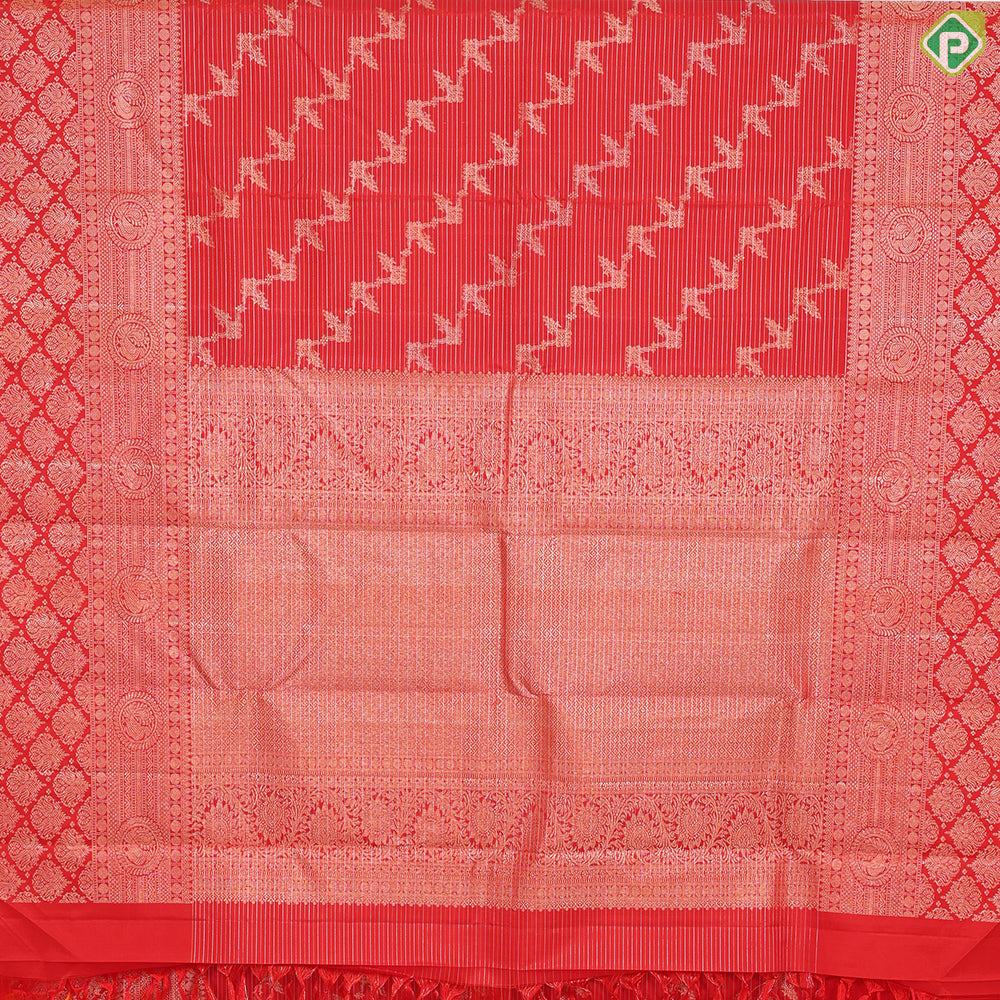 Rose pink with silver gold zari vairaoosi lines grand cross floral checks self border bridal silk saree