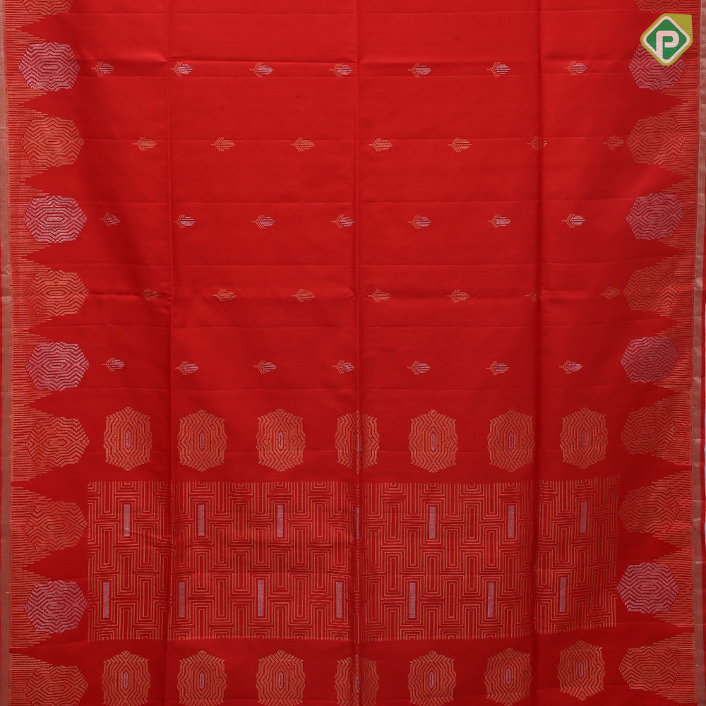 tomato red silver gold zari fancy flower buds butta self gold zari fancy shape border soft silk saree