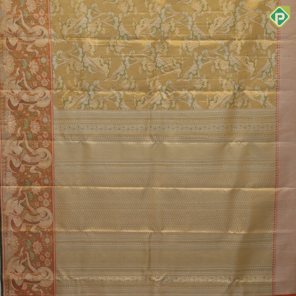 Golden green base silver zari by zari surf design meena work meera dancing floral border special design silk saree