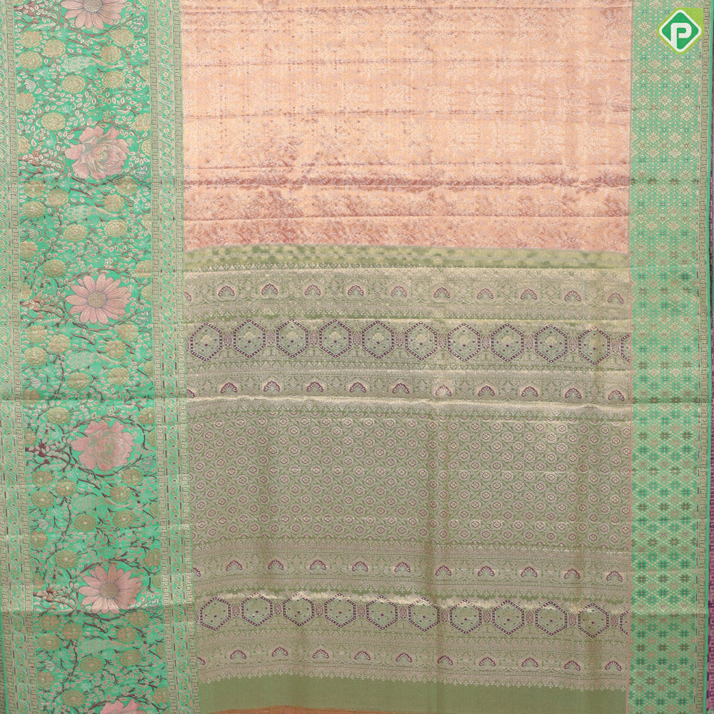 Goldish onion silver zari floral creeper design contrast parrot green border grand bridal tissue silk saree