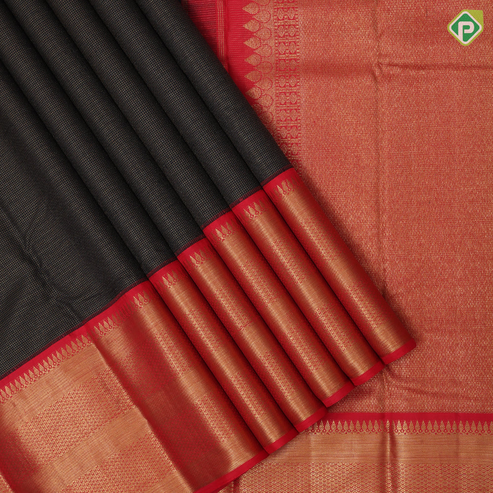Black Colour Gold Zari Vairaoosi Checks Design Chilly Red Mayilkan Border Design Luxury Black Silk Saree