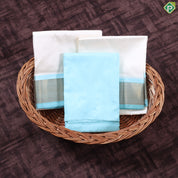 Cream White Rama Blue Gold Zari Mayikan Border Vest Dhoti Shirt and Towel 3 in 1 Set