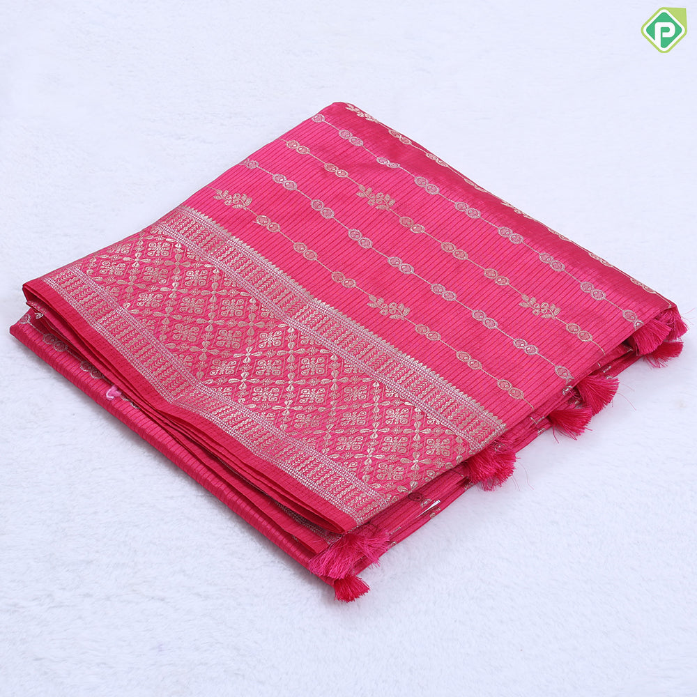 Pink gold zari Beads Lines design Self gold zari diamond rangoli border fancy chiffon saree