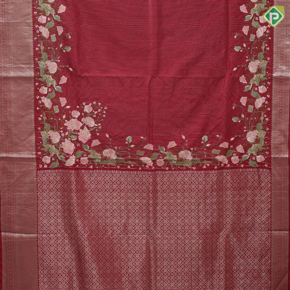 Maroon red silver gold zari stipes and four side floral embroidered self silver gold zari zig zag line border embroidery silk saree