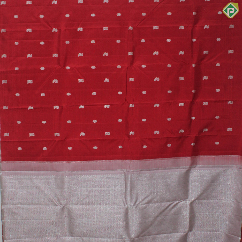 Sendoram Red Silver Zari Peacock Chakra Butta Silver Zari Edge Border Traditional Silk Saree