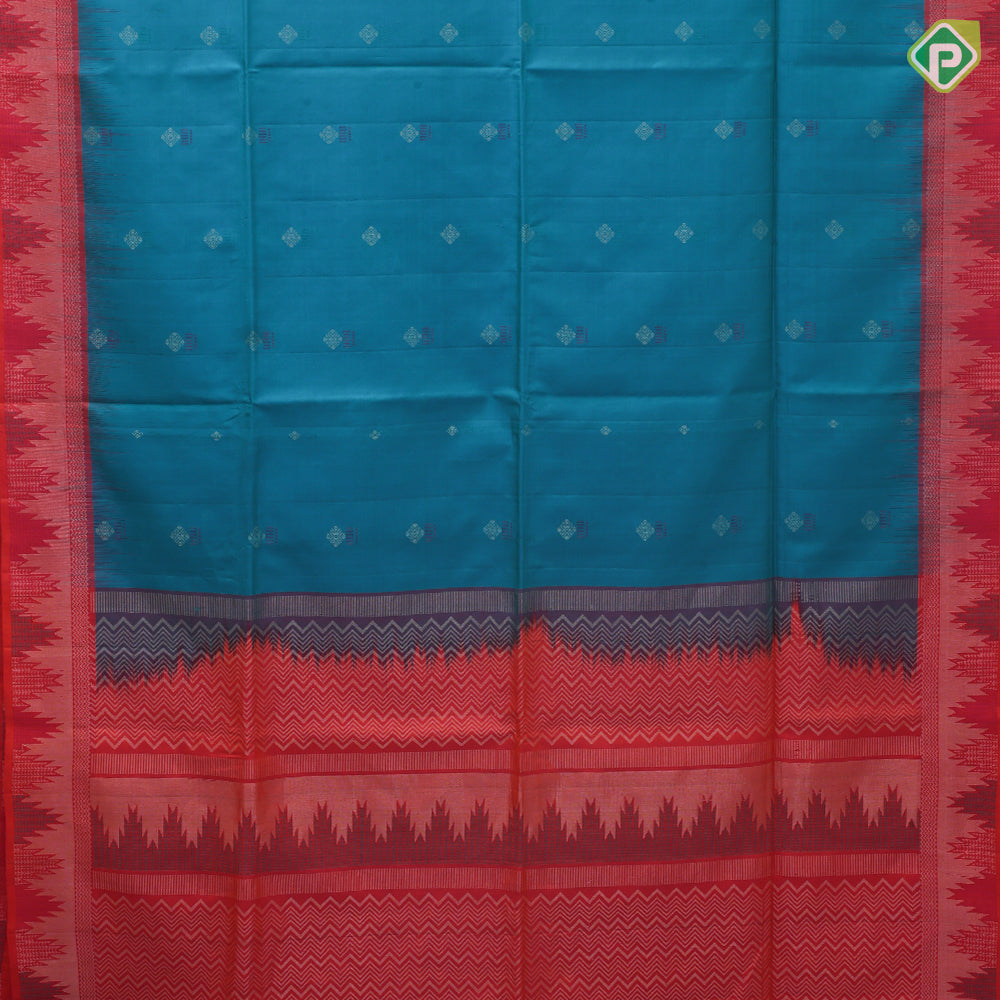 Tomato red silver zari silk thread fancy butta mustard yellow silver zari temple border soft silk saree