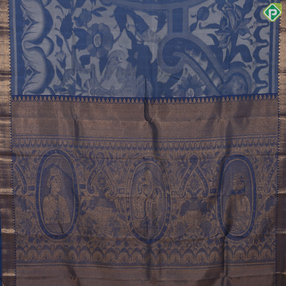 Robin blue cream white historical British major general painting design self gold zari border trendy silk saree