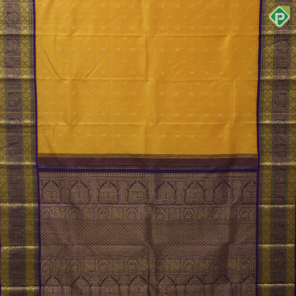 Mango yellow gold zari fancy star potted annam butta contrast blue gold zari tri lines meena work koorvai border traditional silk saree