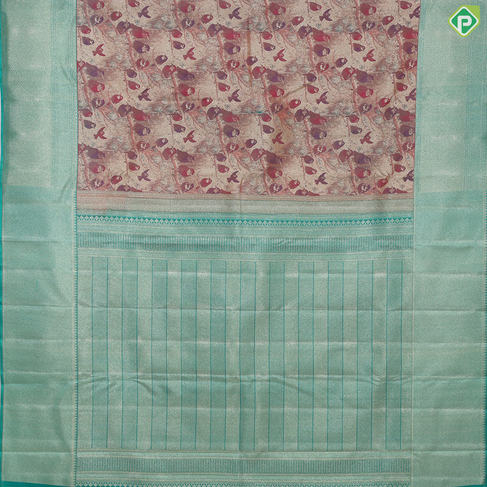 Brick orange multi color birds in forest inspired tissue contrast green silver gold zari diamond border trendy silk saree