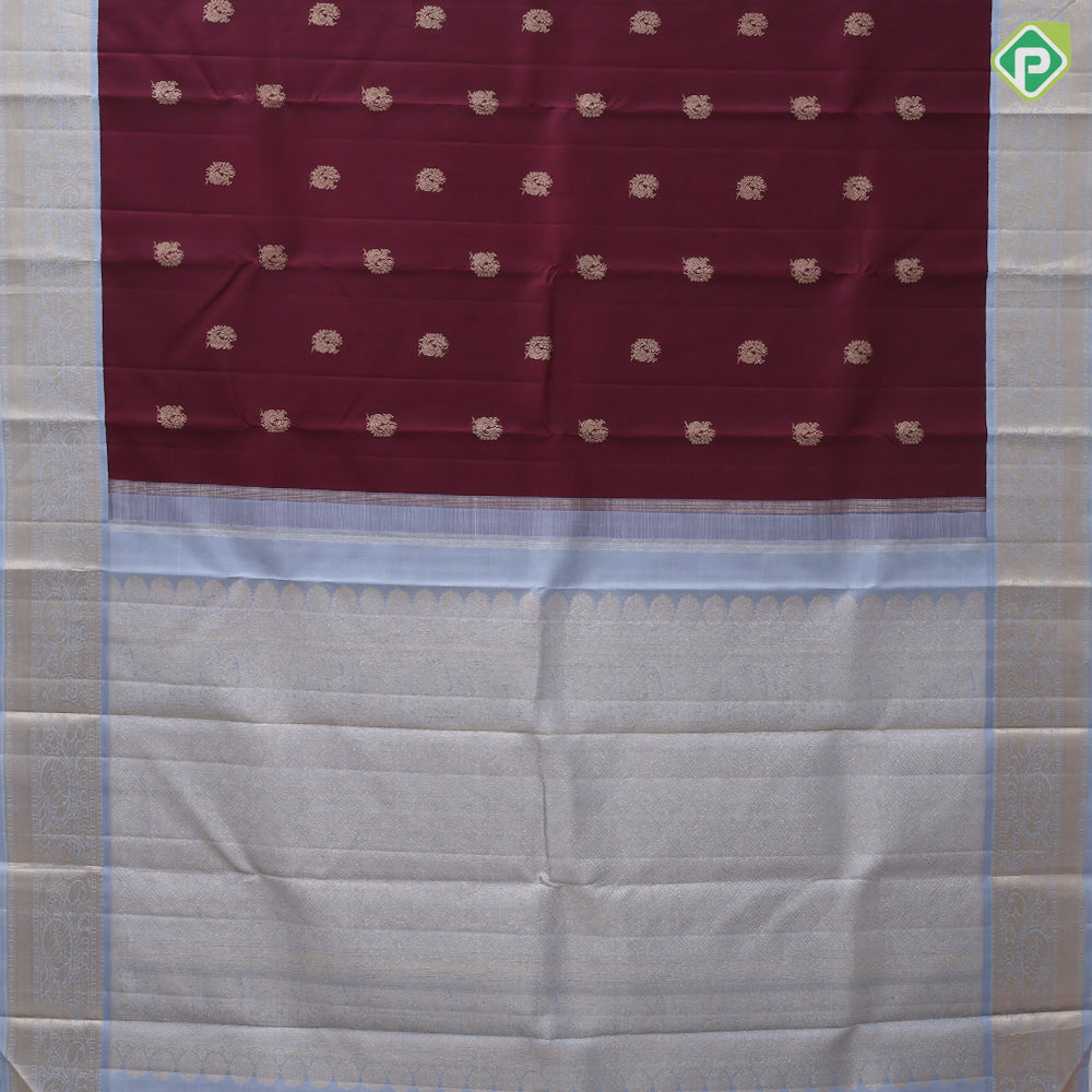 Syrup brown gold zari peacock butta design blueish grey gold zari rangoli border traditional silk saree