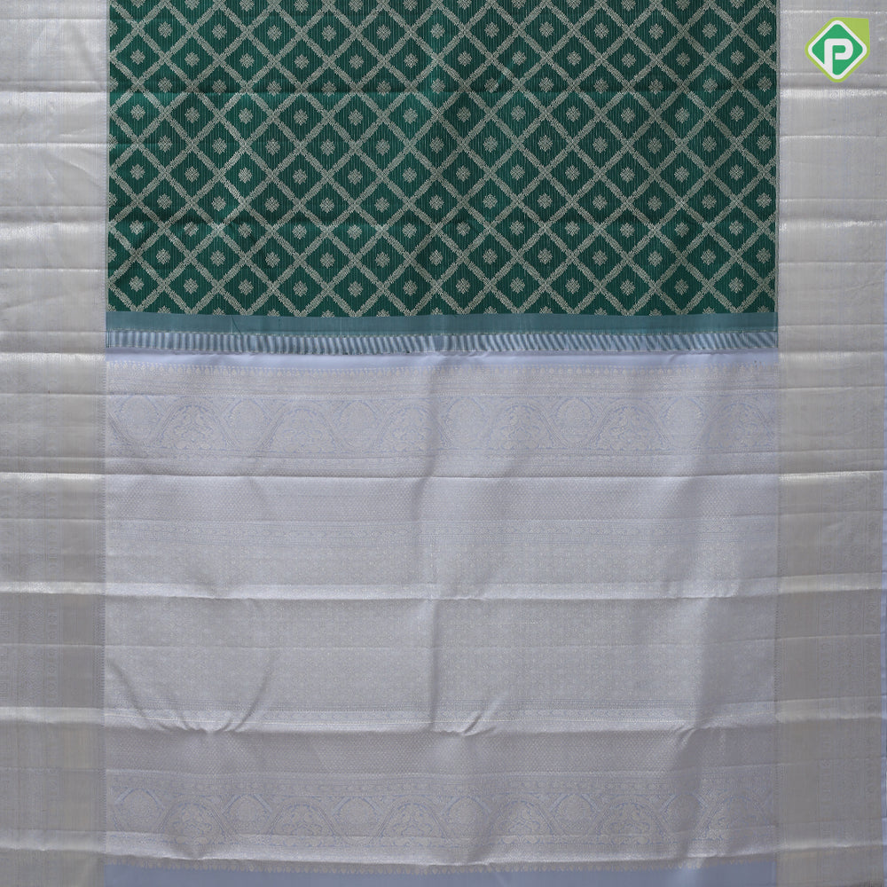 Dark Green Silver Zari Vairaoosi Flower Butta Fog Gray Colour Floral Border Design Traditional Silk Saree