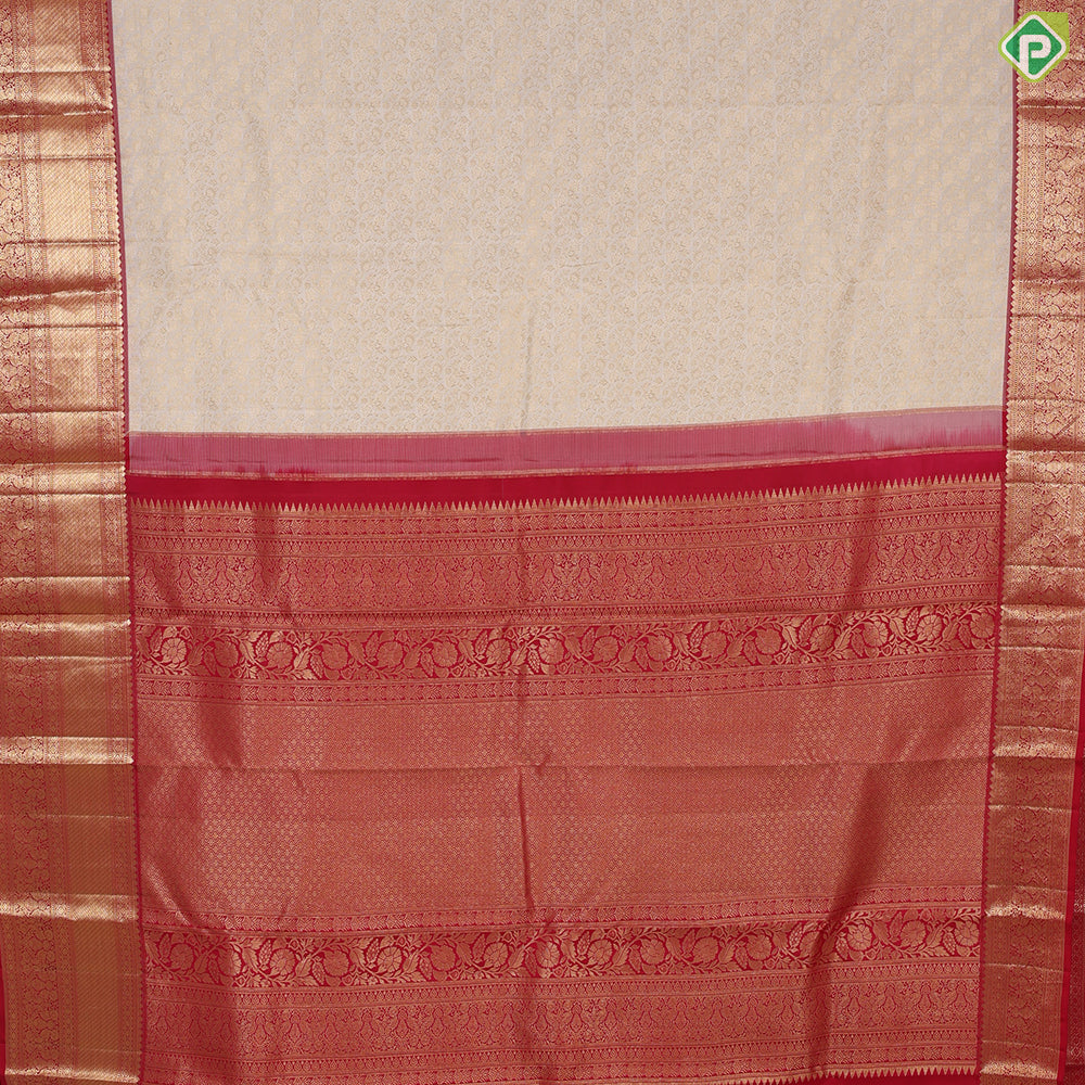 Milk white gold zari grand floral design contrast maroon with gold zari border bridal silk saree