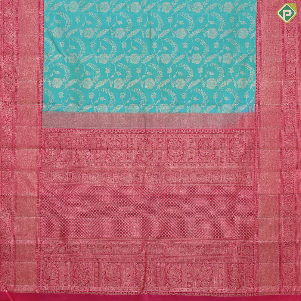 Cool green silver gold zari grand floral design contrast pink border grand bridal silk saree