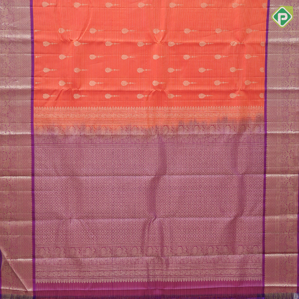 Orange Colour Gold Zari Vairaoosi Line Mango Butta Design Purple Colour Elephant Ruthracham Border Design Pure Mix Silk Saree