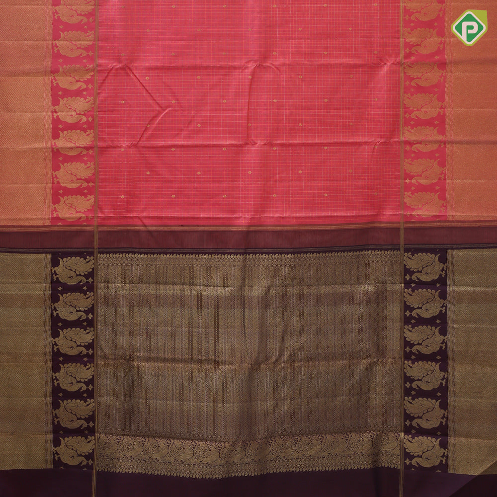 peach pink gold zari and silk thread checks self gold zari peacock butta lines diamond border traditional silk saree