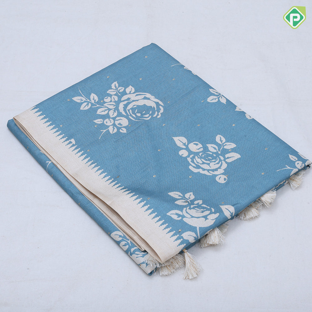 trending colors cream printed flower design white temple border semi tusser saree