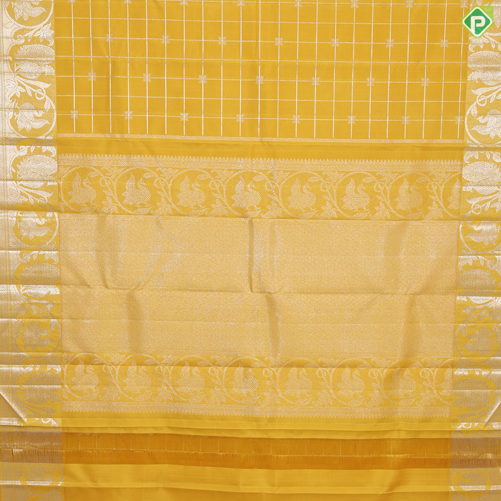 Cyber Yellow silver gold zari kattam (checkered) self peacock and creeper border Traditional silk saree