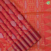 Pinkish orange silver gold zari diamond geometrical design self gold zari lines border soft silk saree