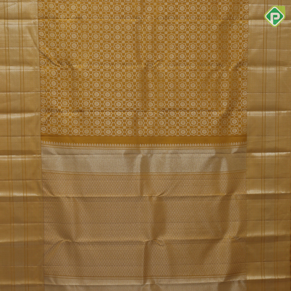 Golden yellow silver zari geometrical floral design self silver zari zig zag border grand silk saree
