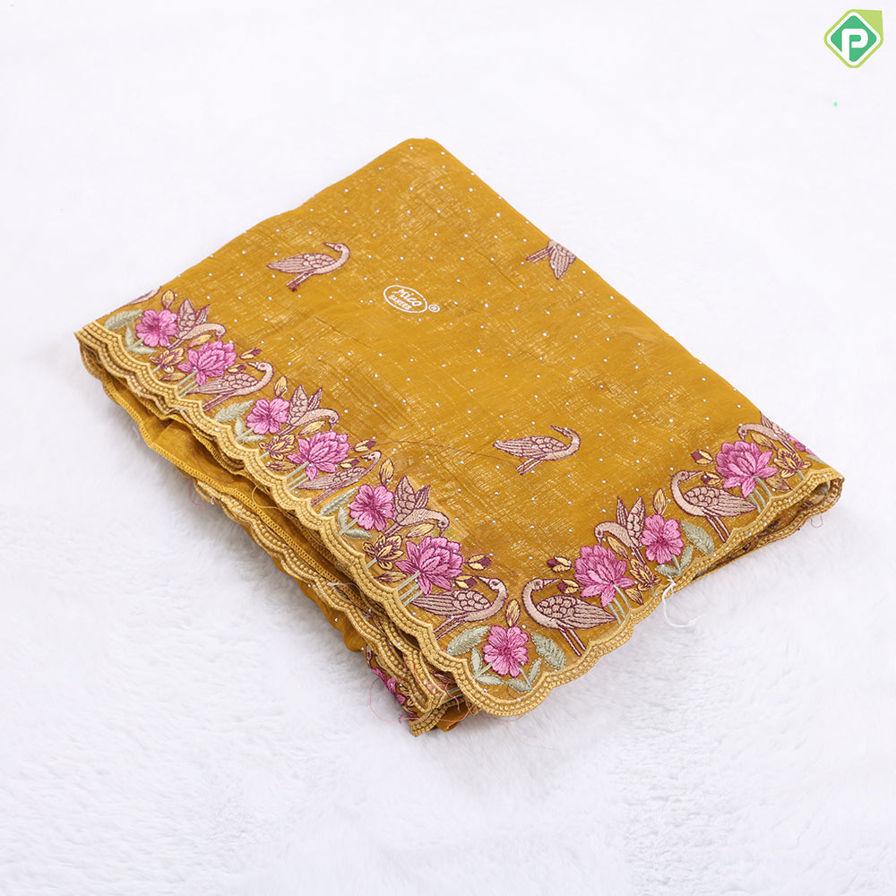 Mustard yellow tissue effect flamingo butta embroidered design multi color cut work border hollywood fancy saree
